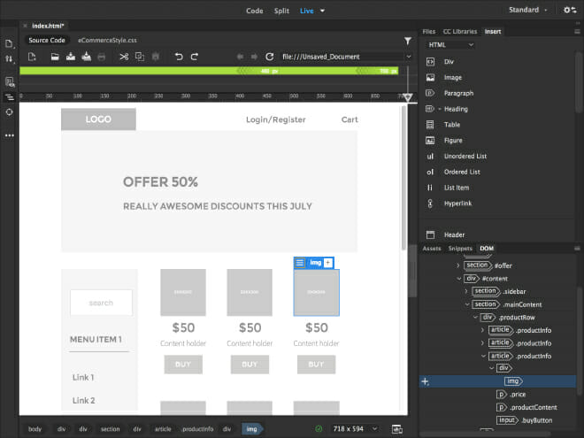 Image of Adobe Dreamweaver with high fidelity wireframe