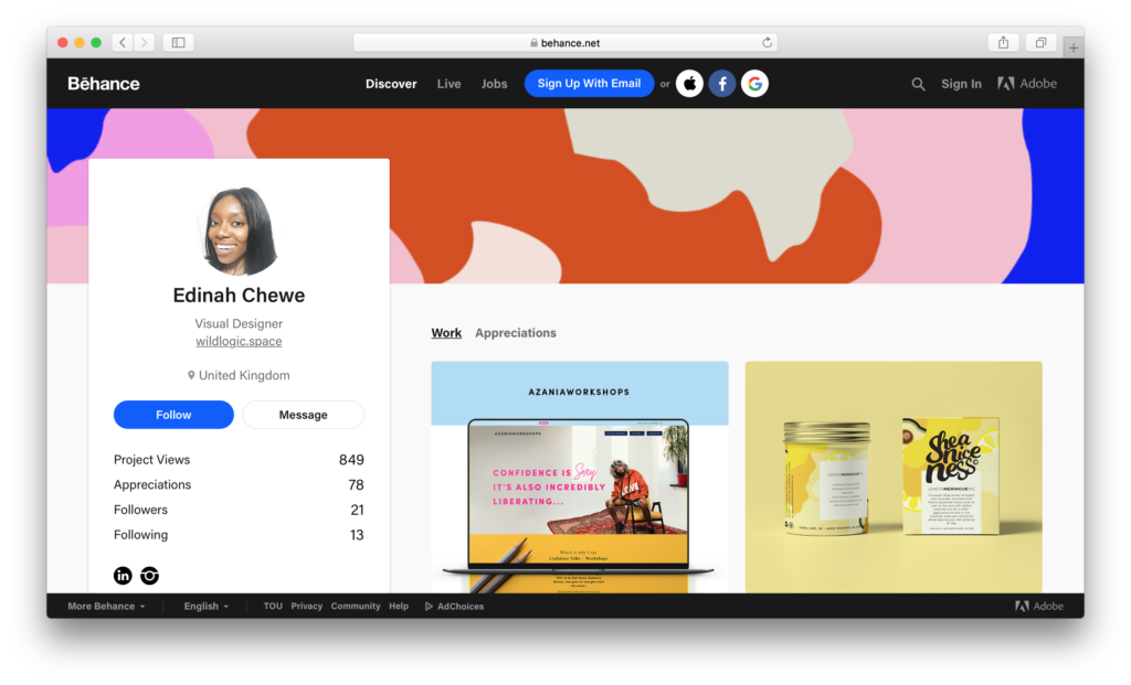 Edinah Chewe Behance profile, update your online presence