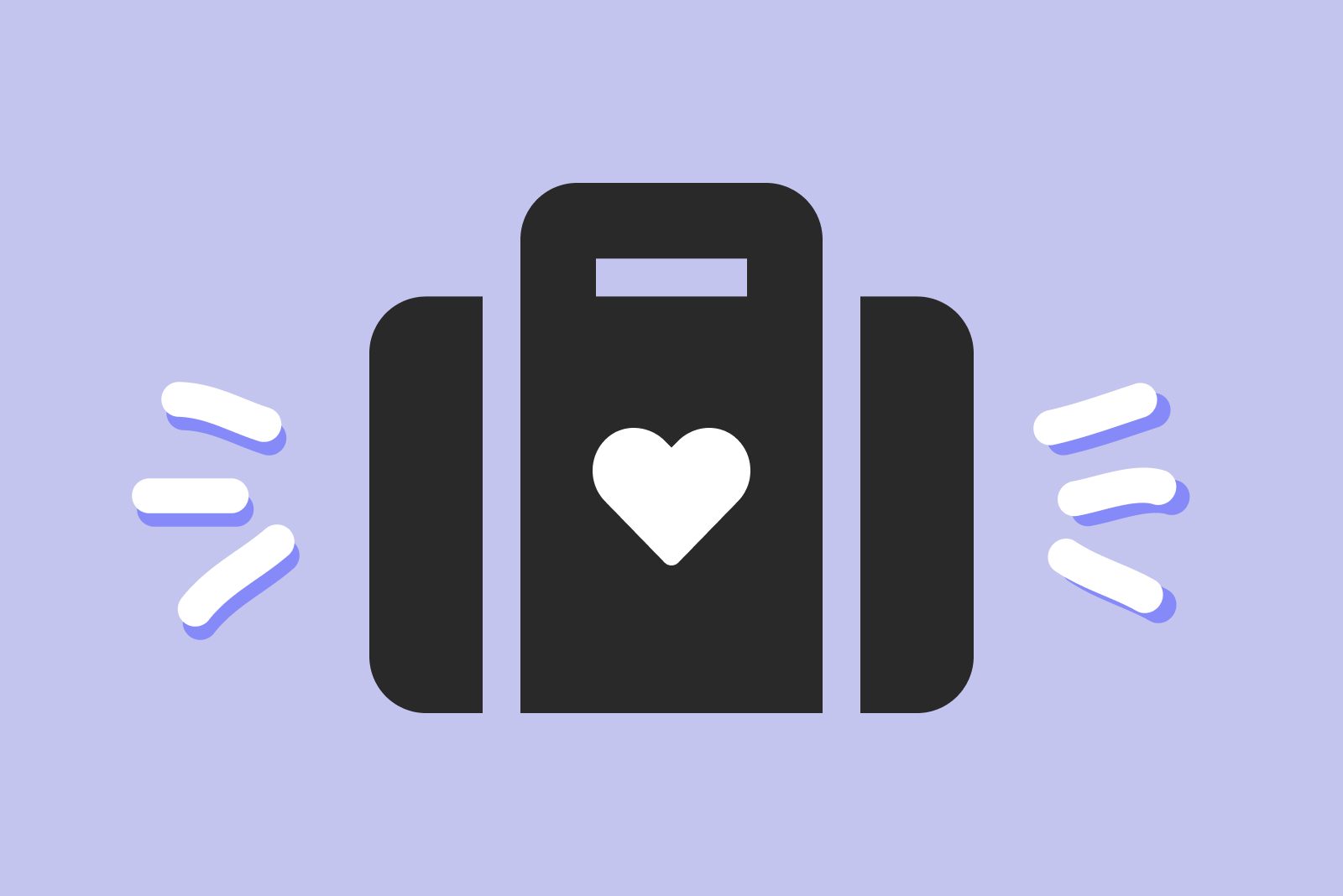 black briefcase with a heart in front of light purple background