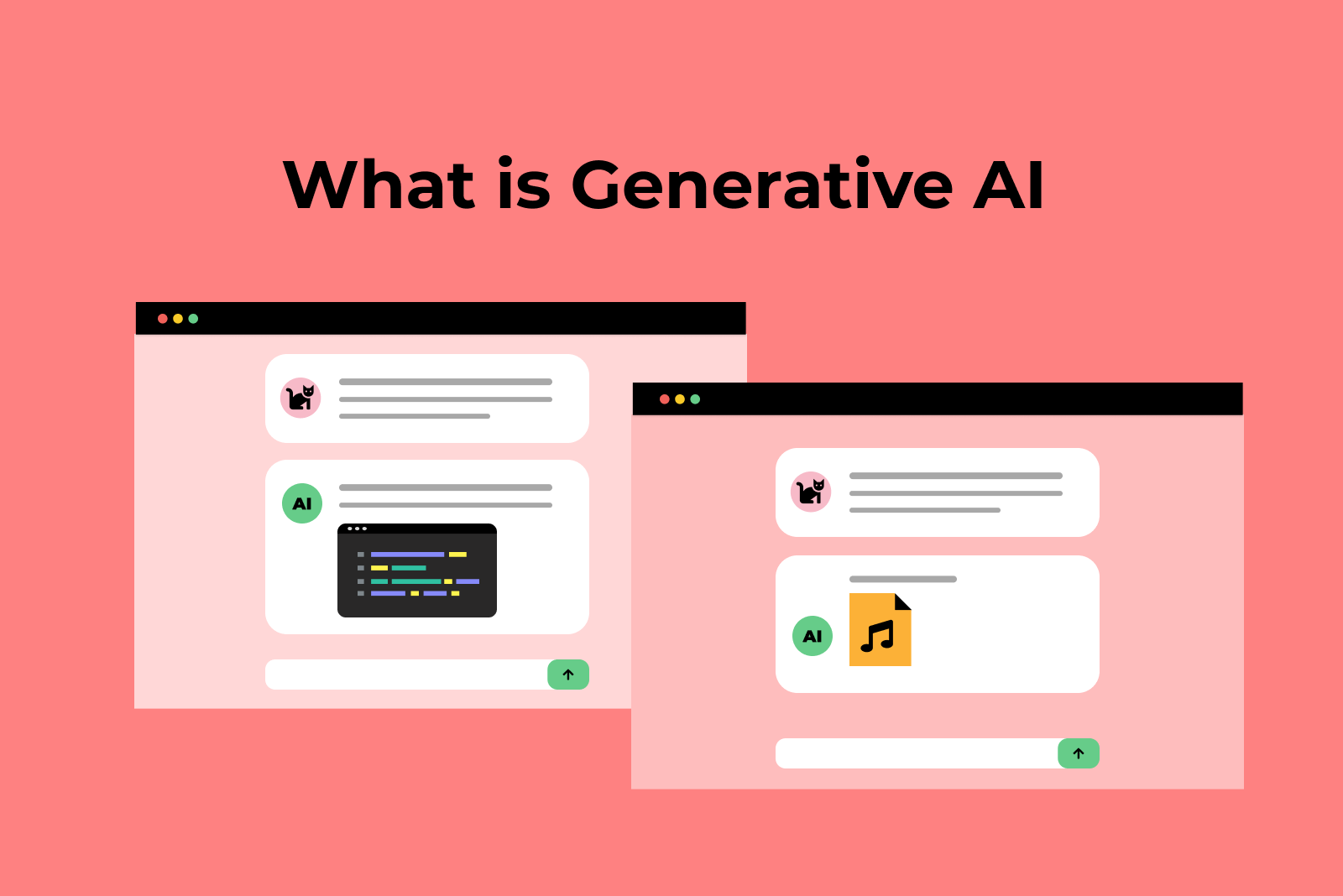 Stylized images of two browsers with sample UIs and the text 'What is Generative AI' atop