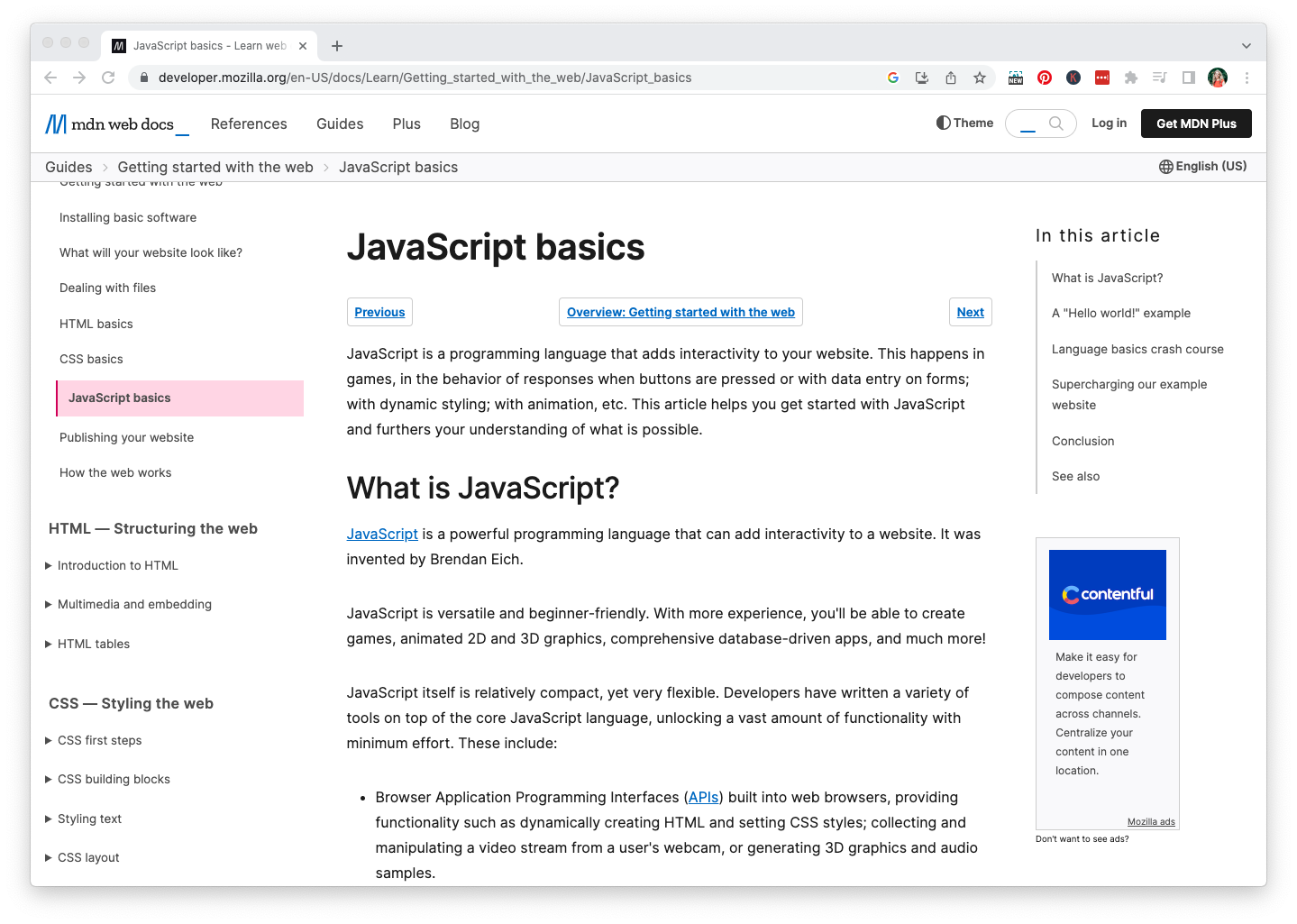 Mozilla Developer's Network, JavaScript Basics Tutorial