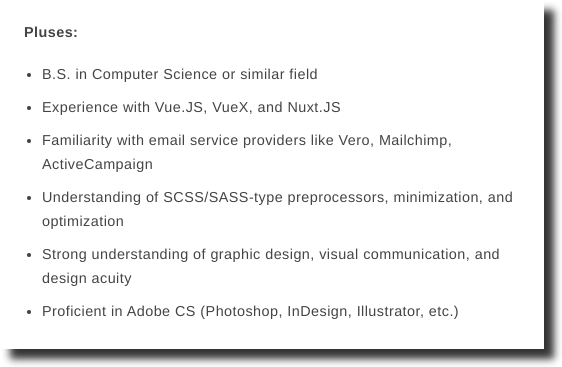 front end developer job posting pluses