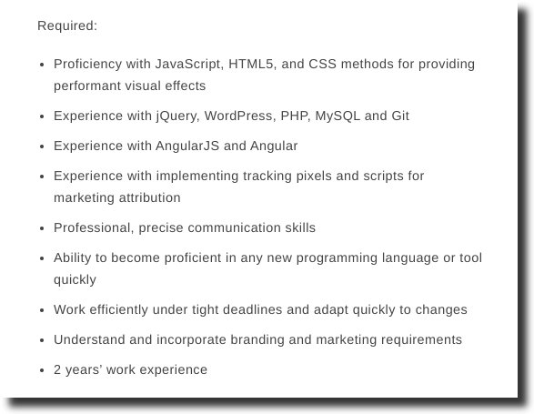 front end developer job postings requirements