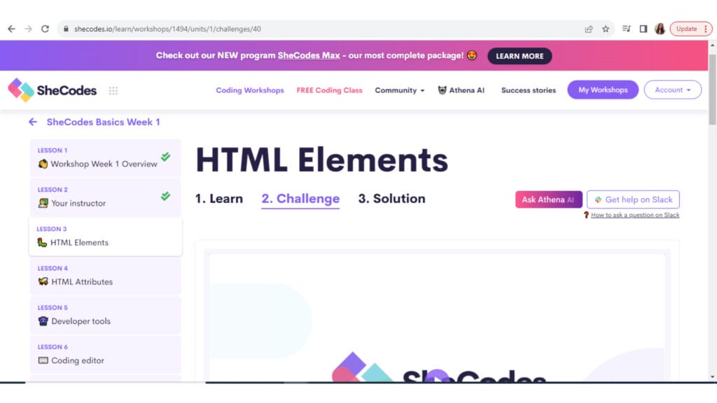 SheCodes HTML class screenshot