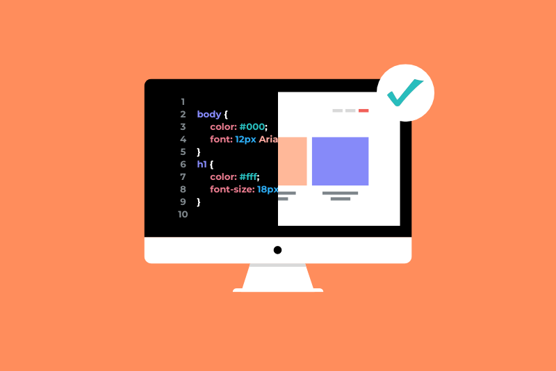 desktop computer monitor with split screen on a orange background — on left side of screen a text code editor and on the right side of the screen is a visual editor